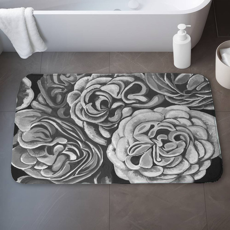 Grayscale dahlias Bath Mat with Non-Slip Backing - Quick Dry Memory Foam Bathroom Rug - Absorbent - Modern Plush Spa-Style - Machine Washable