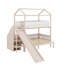 Lit superposé avec glissière et escalier de rangement, lit superposé en bois, cadre en forme de maison avec garde-corps et tablettes-267572380