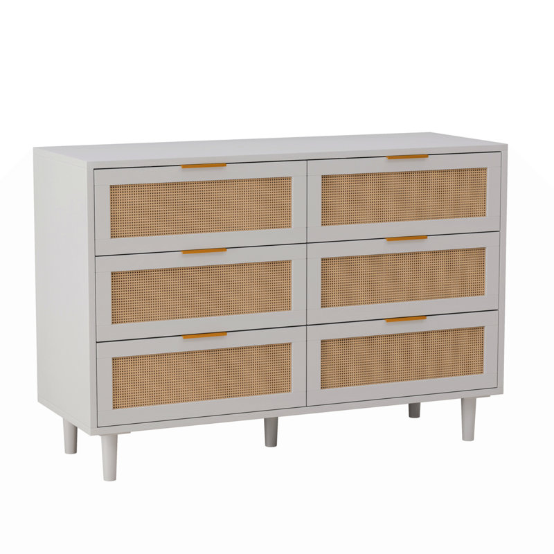 Multi purpose Rattan 6 Drawer Dresser,Modern Storage Cabinet with Wooden Legs, White Oak, 29.53" H x  43.31" W x 15.75" D