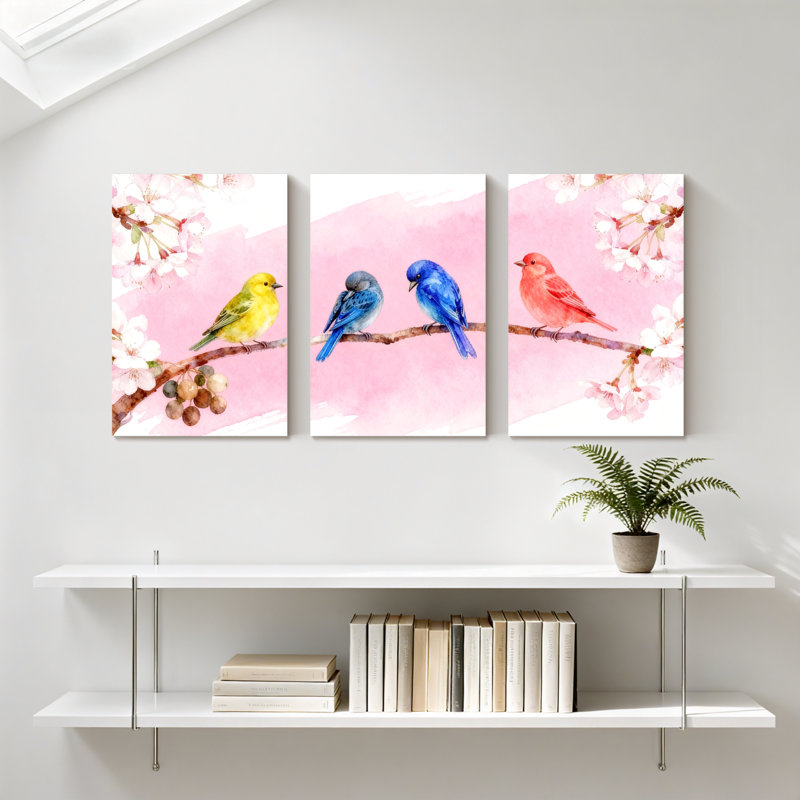 «Birds Birds On Branch With Cherry Blossoms», ensemble de 3 impressions sur toile, H 18 po x l 36 po