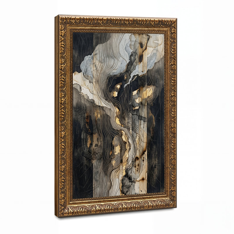 Tableau abstrait sur toile à la feuille d'or représentant une topographie de bois brûlé, H 24 po x l 16 po