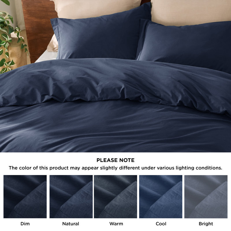 Bedsure 100% Washed Cotton Duvet Cover Set, Queen Duvet Cover + 2 Shams(20"*26"), Navy
