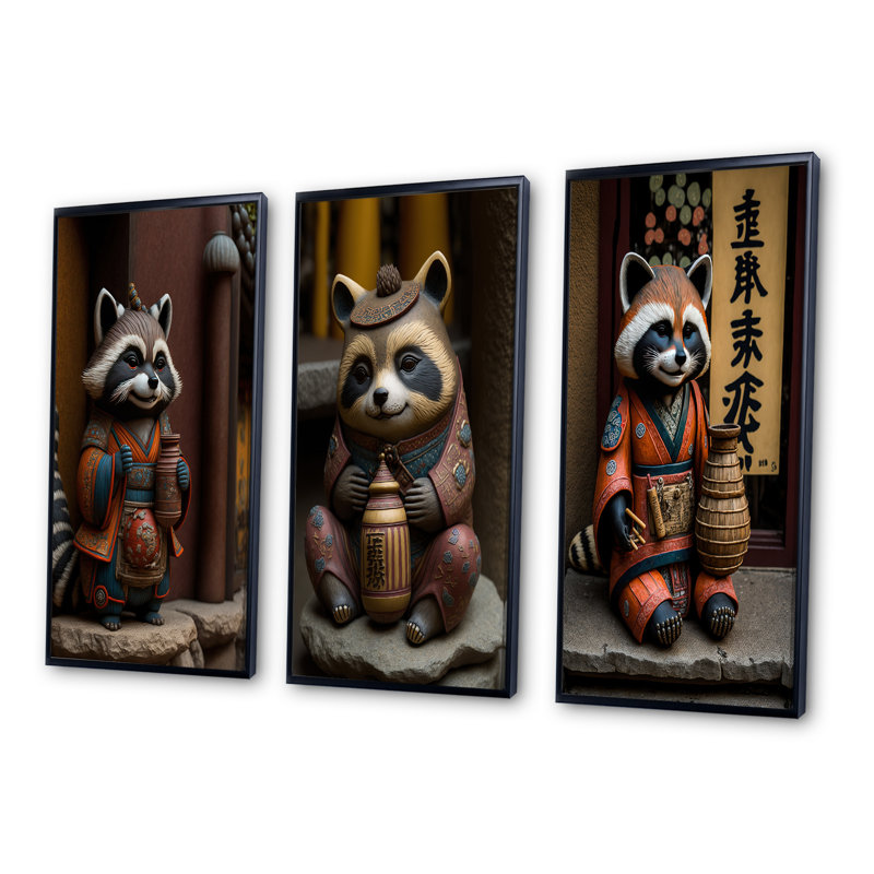 «Happy Terracotta Tanuki», 3 pièces sur toile, Noir, H 20 po x l 36 po