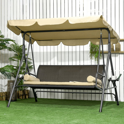 Outdoor 3 - Seat Patio Swing Glider With Removable Cushion, Pillows, And Adjustable Canopy For Porch, Garden, Poolside, Backyard 704 Lbs Weight, 52" Seat, 45 Tilt, Cup Holders, Trays, Pe , Steel