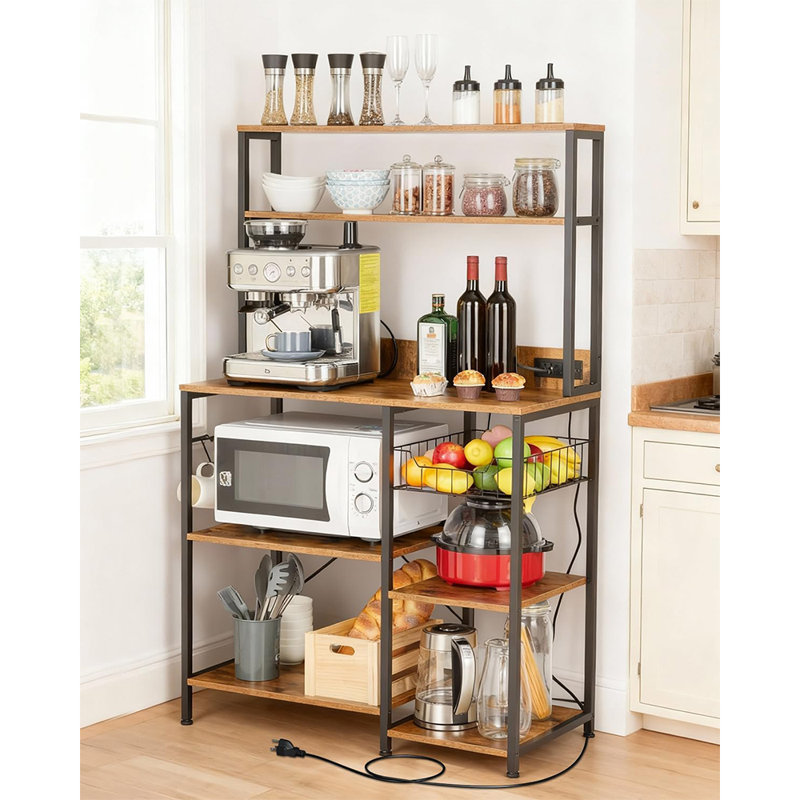 Étagère de cuisine avec prise de courant, support à micro-ondes à 4 niveaux et table basse avec rangement et crochets en S