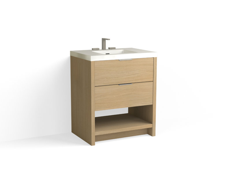 Vue 30" W Freestanding Single Bathroom Vanity, Biondo, Glossy White/8" Widespread, Satin Nickel