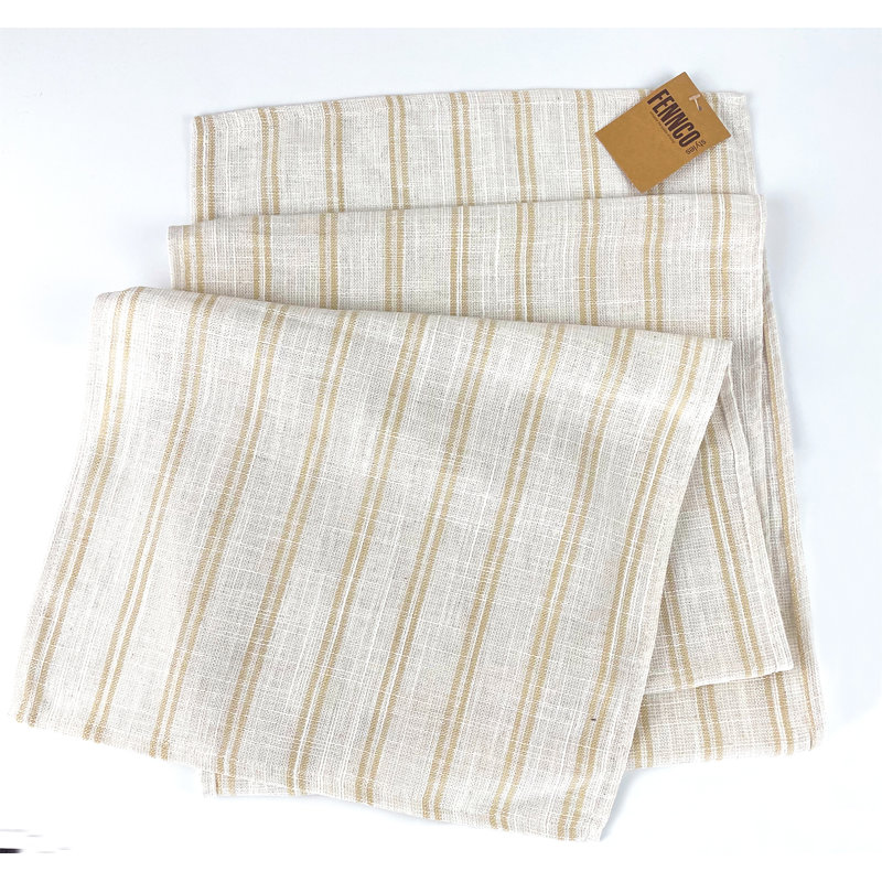 Beige-white Modern Striped Linen Blend Table Runner, 108" x 16", Beige/White