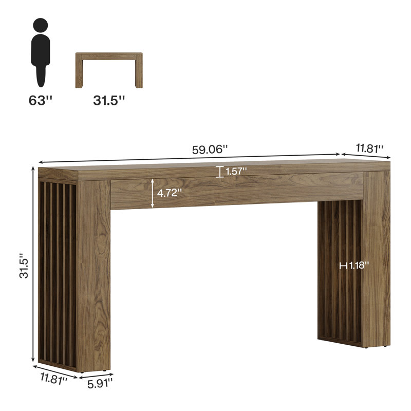 Console 59 pouces, canapé rectangulaire en bois derrière le canapé, Brun