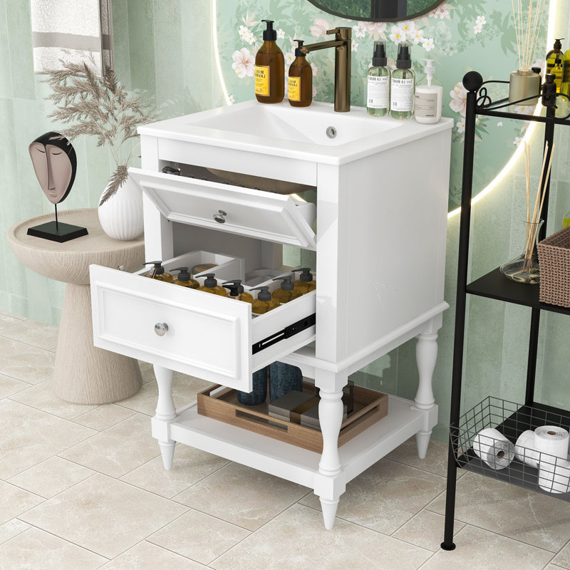 Meuble-lavabo avec lavabo en céramique, 2 tiroirs et tablette ouverte, White