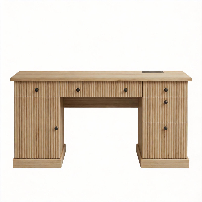 Bureau de bureau cannelé 60 po avec station de charge, bureau d'ordinateur de direction moderne avec classeur 60 po