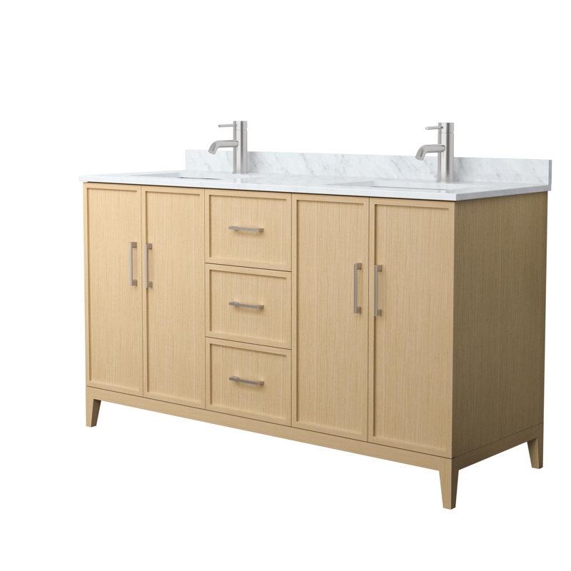Elan 60-Inch Double Vanity with White Carrara Marble Top and Nickel Trim