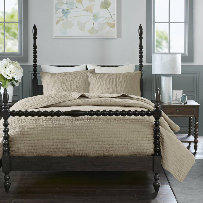 Madison Park Signature Serene 3 Piece Hand Quilted Cotton Quilt Set, King Coverlet + 2 King Shams, Beige