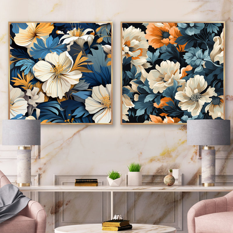 Lylou - Ensemble de 2 collages floraux carrés, H 16 po x l 33 po, Cadre flottant doré