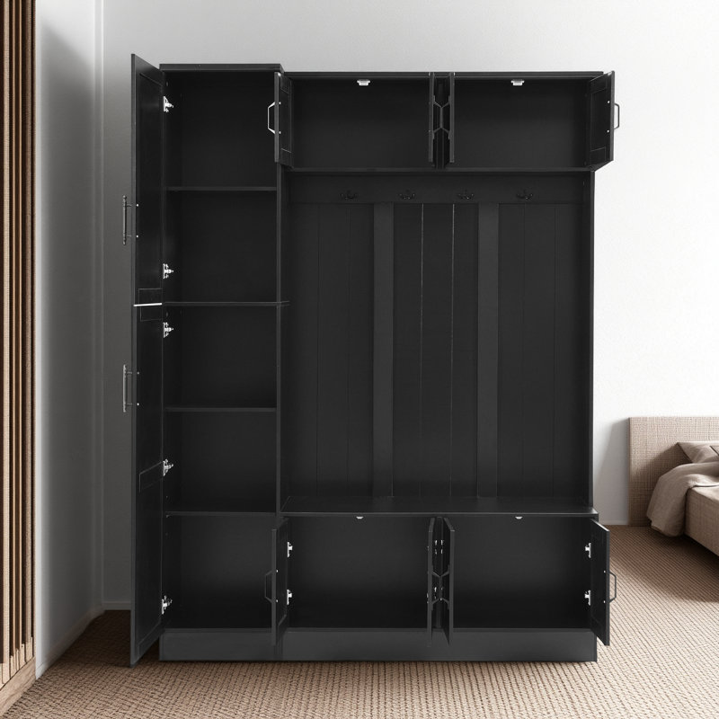 79-inch Black Coat Rack For Hallway/living Room, 4-in-1 Design With Entryway Bench, Shoe Cabinet + 6 Cabinets + 4 Coat Hooks + Adjustable Shelves, Practical And Space-saving