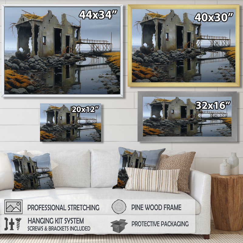 Maison de campagne déserte, ruine, gris, nostalgie - paysage, art mural, Toile avec cadre flottant noir