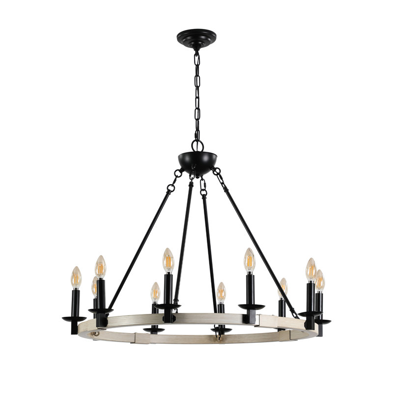 Luminaire suspendu rétro en métal noir et bois à 10 lumières, hauteur réglable pour la salle à manger, la cuisine, les espaces de vie, culot d'ampoule E12 sans ampoules, chêne blanc mat clignotant rustique, salle à manger, vacillement