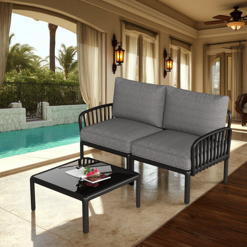 Ensemble de causeuse et table basse d'extérieur en plastique 2 pièces avec coussins épais, Gris foncé, Noir