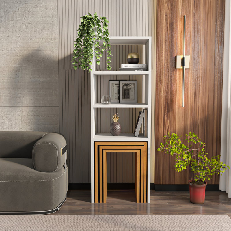 Melo 121cm H x 43.6cm W Bookcase with 3 Pieces Coffee Table Set, Teak