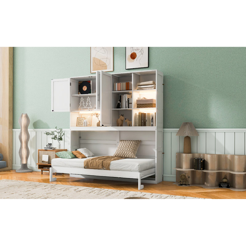 Lit escamotable mural simple avec armoire supérieure, tablettes, lit pliable peu encombrant avec lumière et USB, Blanc