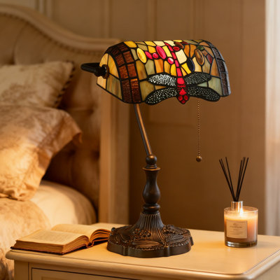 Tiffany Style Bankers Desk Lamp With Stained Glass Shade And Antique Alloy Base, Vintage Table Lamp For Bedroom, Office, And Study