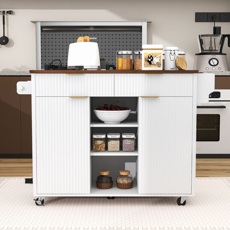 Rolling Fluted Kitchen Cart with Drop Leaf, Power Outlet, Adjustable Shelves and Storage Drawers, White