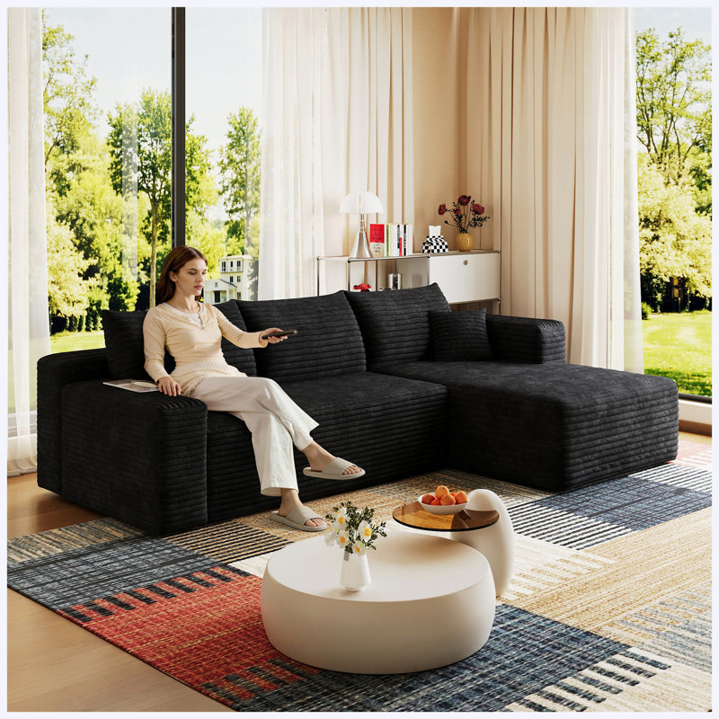 Canapé modulaire en nuage en velours côtelé noir de 95 po, canapé d'angle rembourré en U minimaliste de 95 po avec siège à assise profonde sans assemblage requis