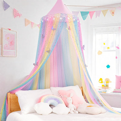 Auvent de lit Rainbow Princess pour filles, moustiquaire suspendue respirante avec pampilles scintillantes en forme d'étoile et de lune, convient au lit de bébé, aux lits simples et grands, à la tente de jeu de rêve et au coin lecture