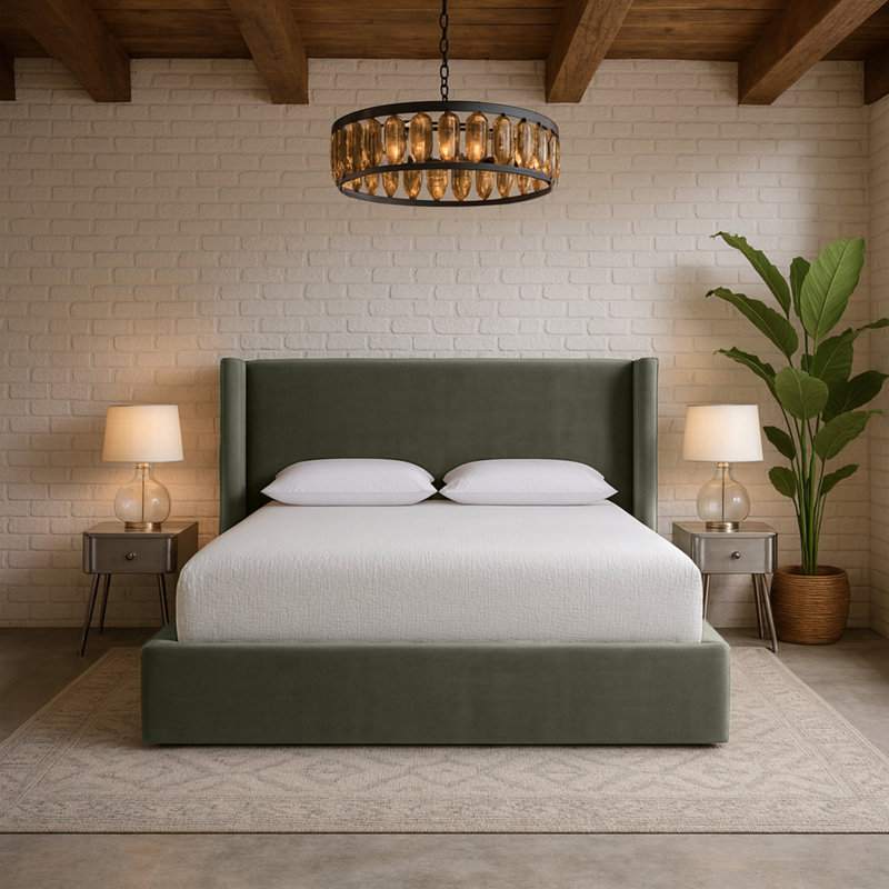 Lit tapissier Kendall Wanaque, Velours vert, Double