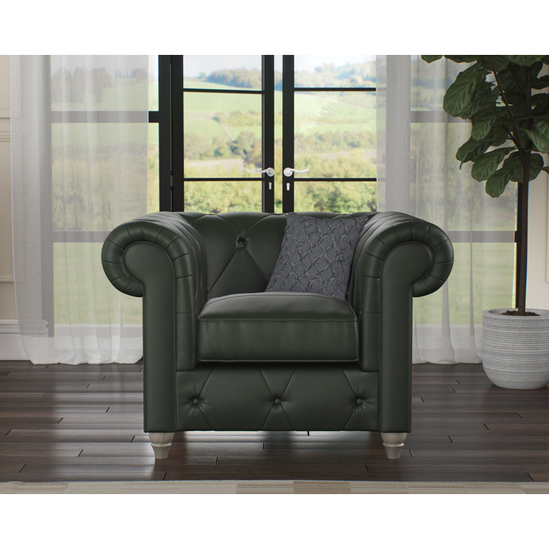 Melrose 115Cm Wide Tufted Genuine Leather Armchair, Hunter Green, Washed Oak