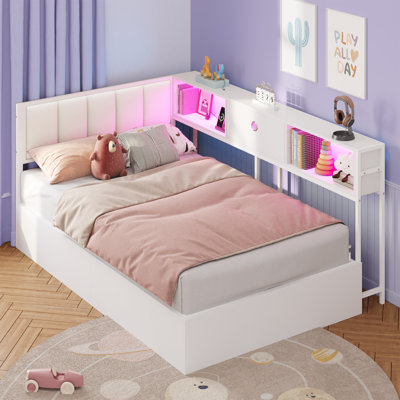 Twin Size Corner Bed With Hydraulic Storage,twin Daybed With Bookcase And Charging Station,lift Up Storage Bed Frame With Upholstered Headboard And Led Lights,metal Platform Storage Bed,white
