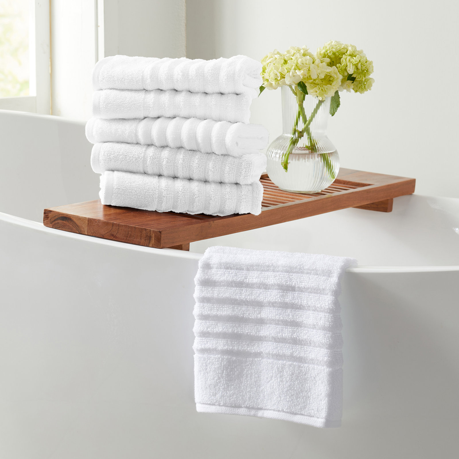 100% Zero-Twist Cotton Ribbed Hand Towels (Set of 6), White, Hand Towels - 6 Pack