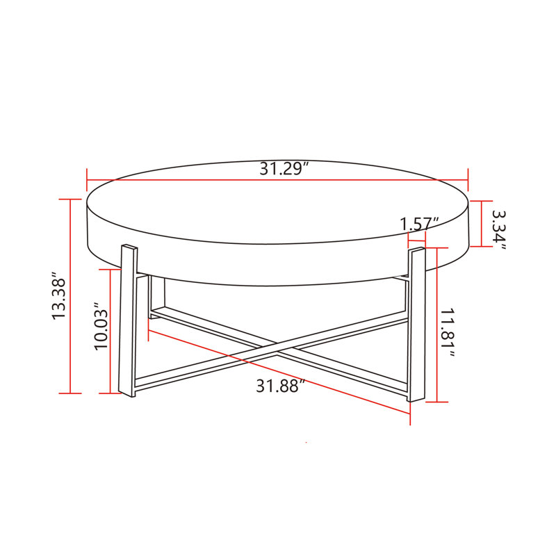 31.29" Round Fir Wood Coffee Table with Black Metal Cross Legs