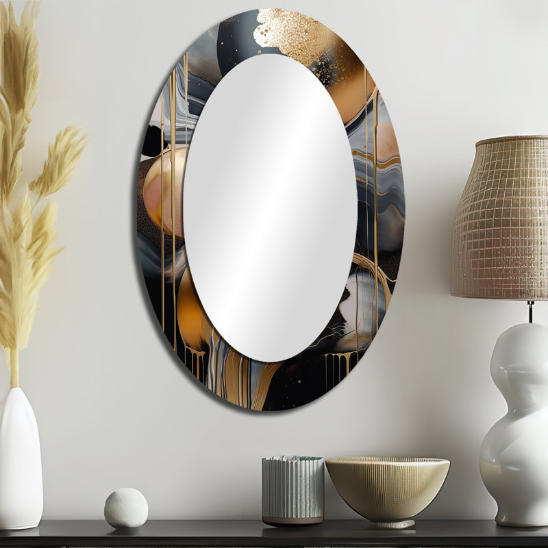 Or et noir marbré Euphoria V - miroir décoratif ovale abstrait sur métal, 36 po x 24 po