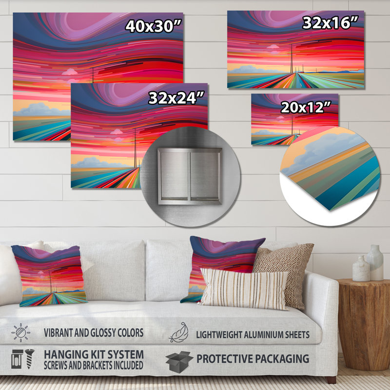 «Red Sunset Mimal Country Road horizontal Waves», paysage abstrait, art mural, Sans cadre, H 12 po x l 20 po