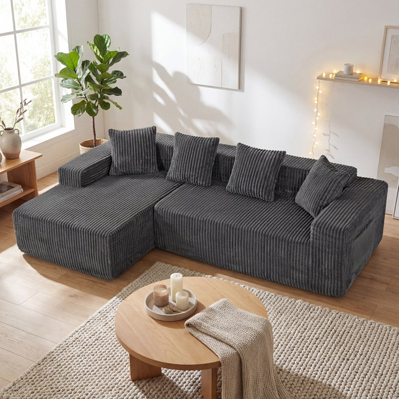 Modern Oversized Corner Sofa L-Shaped Corduroy Sofa With Storage Pockets , Left Hand Facing, Grey