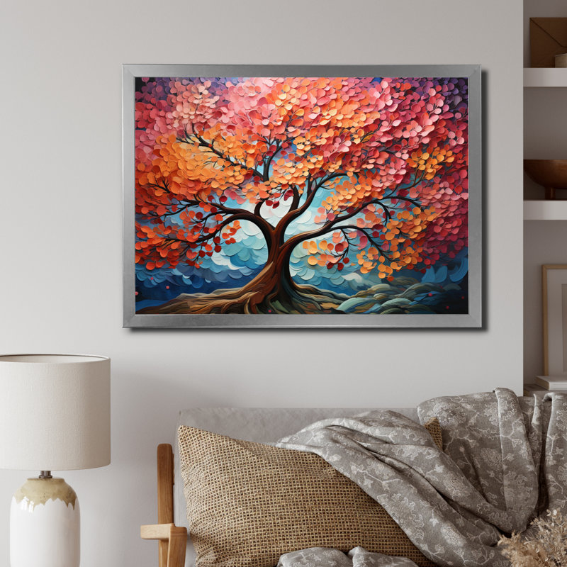 «Trees Abstract Pink Peach Symphony», reproduction, H 30 po x l 40 po x P 1,5 po, Cadre photo argenté