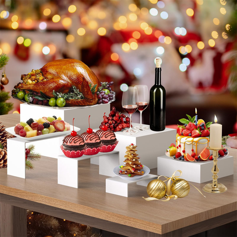 6Pcs Buffet Risers, 3 Set White Acrylic Display Boxes With Display Stand