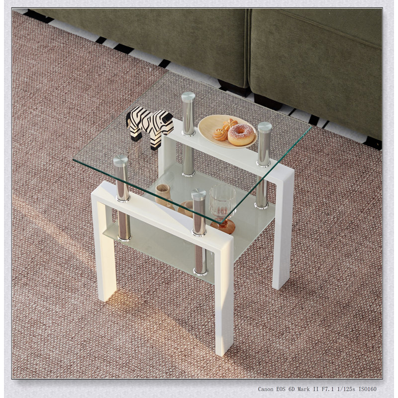 Table de bout blanche en verre trempé transparent avec rangement à 2 couches, pour une vie moderne et peu encombrante, 1
