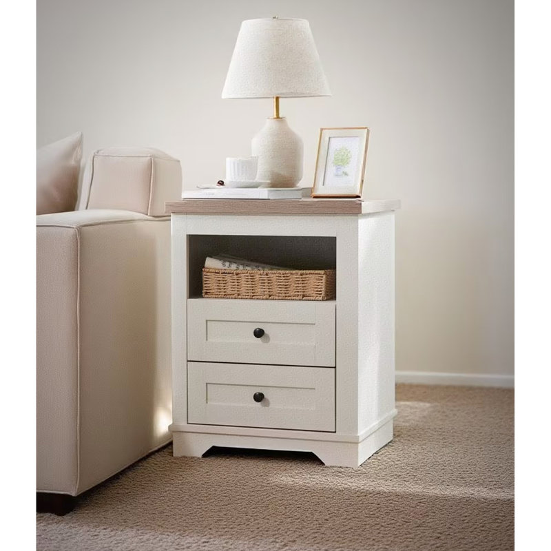Table de chevet blanche antique avec 2 tiroirs, bois rustique pour la chambre à coucher et le salon