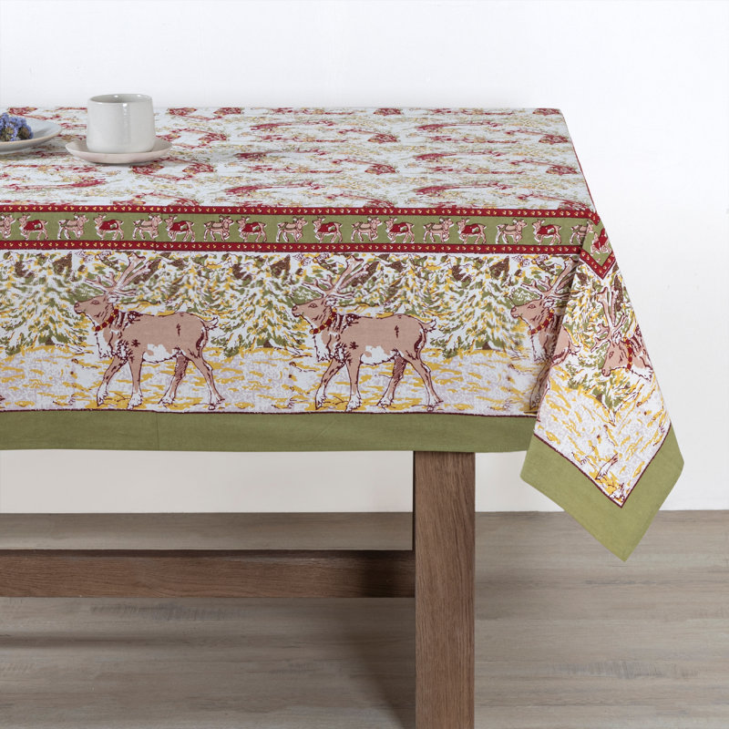 Renne Handmade Floral Tablecloth, 142" x 71", Green/Red