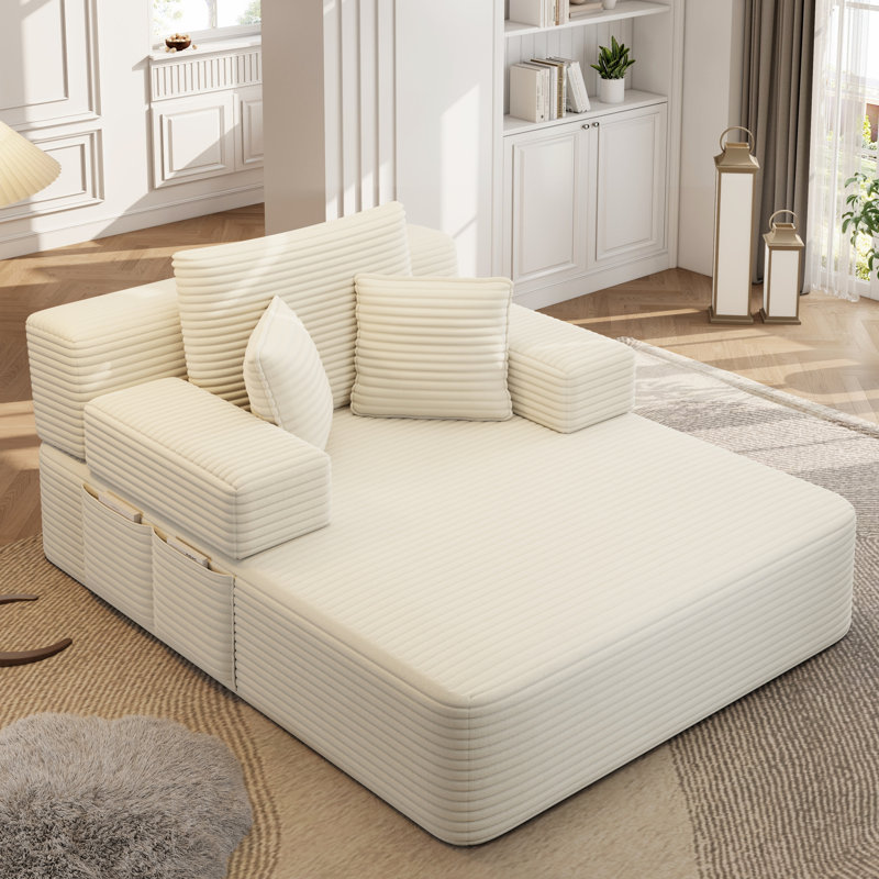 Canapé-lit convertible en velours côtelé moelleux avec 3 coussins, pochette de rangement et conception compacte, Beige