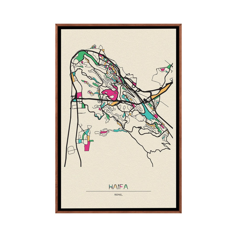 Haifa, Israel Map by Ayse Deniz Akerman - Floater Frame Print on Canvas, Brown Framed Canvas, 101.6 cm H x 66.04 cm W