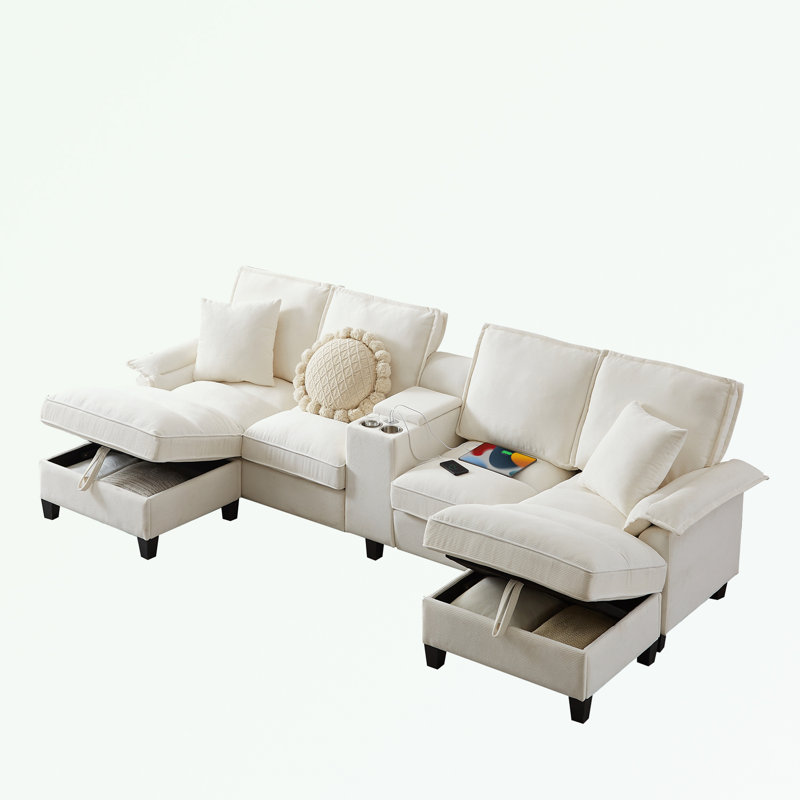 Canapé modulaire en velours côtelé avec rangement sous le siège et porte-gobelet, Velours côtelé beige
