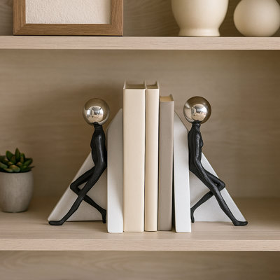 Decorative Leaning Figurine Bookends for Home Decor - Modern Traiangle Shape Book Ends for Bookshelf or Desk Accent - Set of 2, 11", Black & White