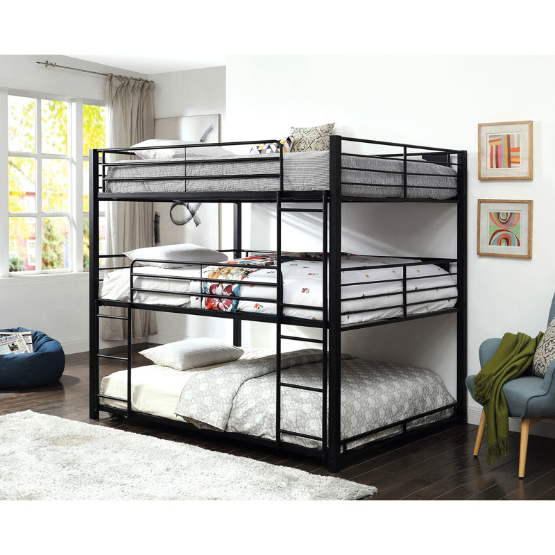 Lit superposé contemporain en métal à 3 niveaux pour grand lit, teinte sable noir, garde-corps et deux échelles, ensemble de lattes grand lit triple avec design, structure et échelles