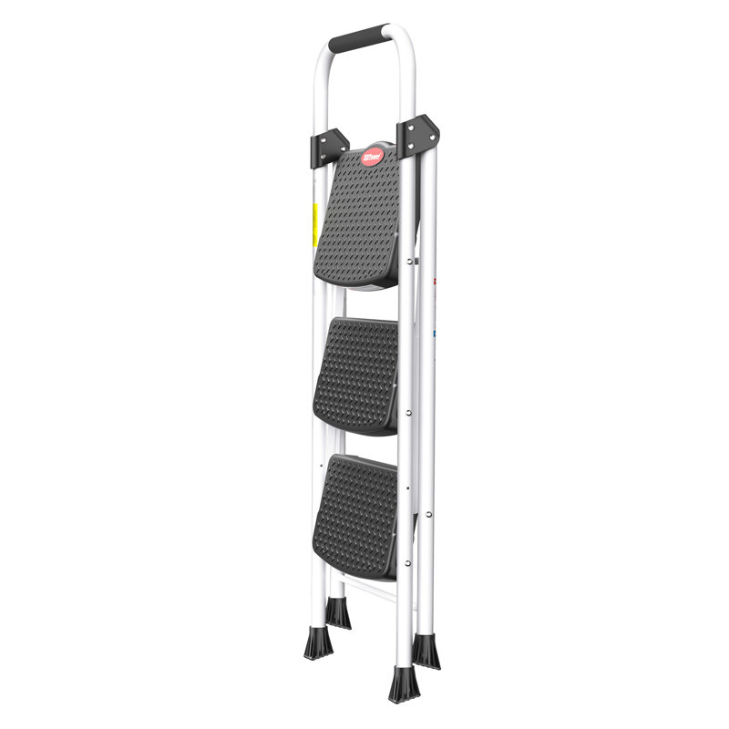 Escabeau portatif à 3 marches – Structure robuste en acier avec verrouillage rapide, capacité de charge de 150 kg, conception pliable et légère avec poignée intégrée, blanc