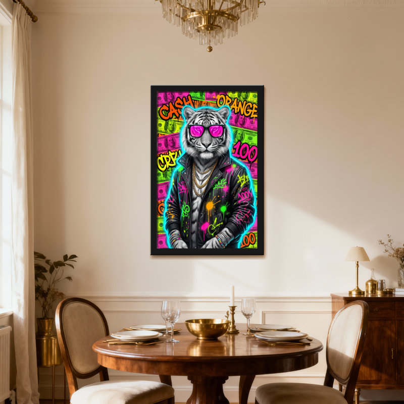 Animaux, tigre coloré avec lunettes roses et fond néon, H 24 po x l 36 po, Toile tendue, Ne s’applique pas