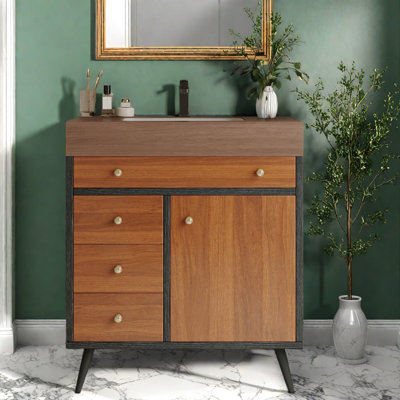 Meuble-lavabo moderne Mid-Century avec lavabo en céramique, comptoir en bois multi-couches et marbre pour la salle de bain