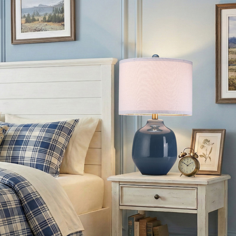 21 Inch Handcrafted Ceramic Table Lamp, Crackle Blue Nightstand Lighting for Bedroom Bedside Living Room Kitchen Counter