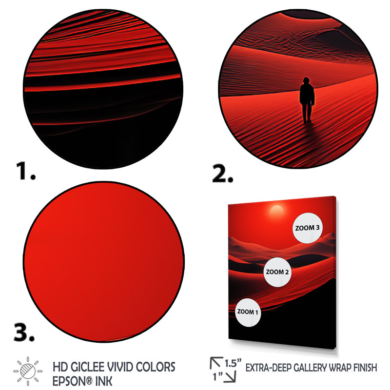 «Man Solitude In Red Arid Desert II» - art mural désert, Cadre flottant doré, H 32 po x l 24 po x P 1 po